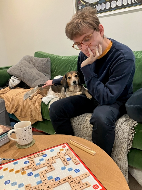 a picture of Basil and I playing scrabble